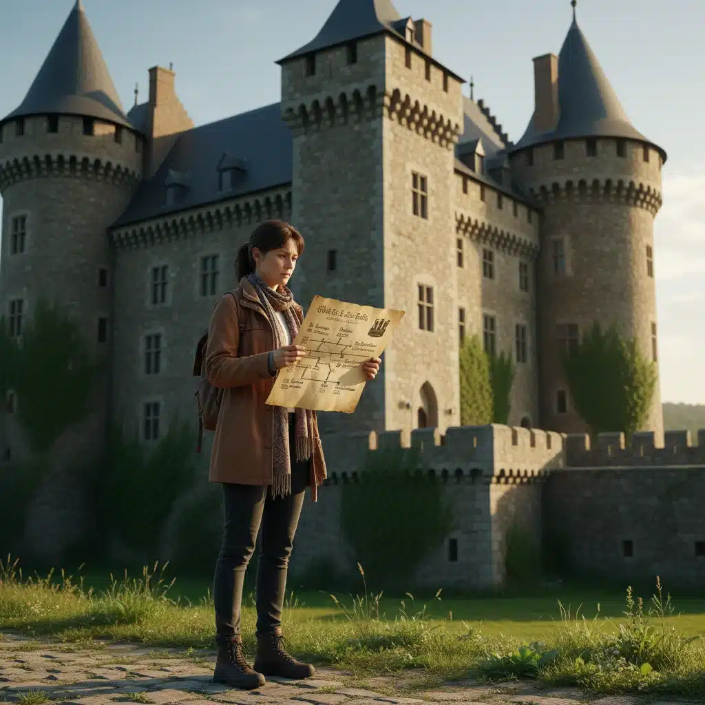 Traveler researching family tree at European castle