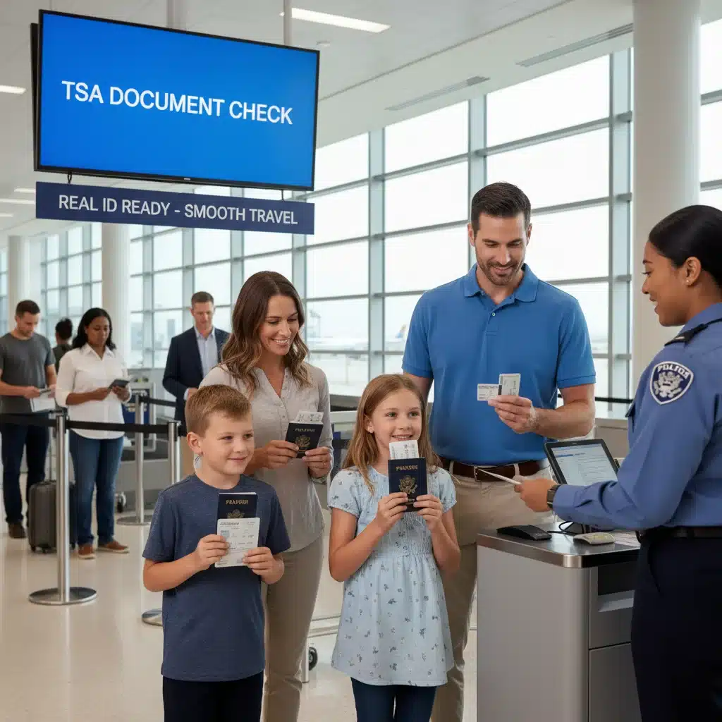 Family showing IDs to TSA agent at airport