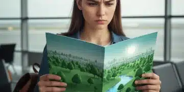 Skeptical traveler examining a tour operator brochure for 2026, questioning green claims.