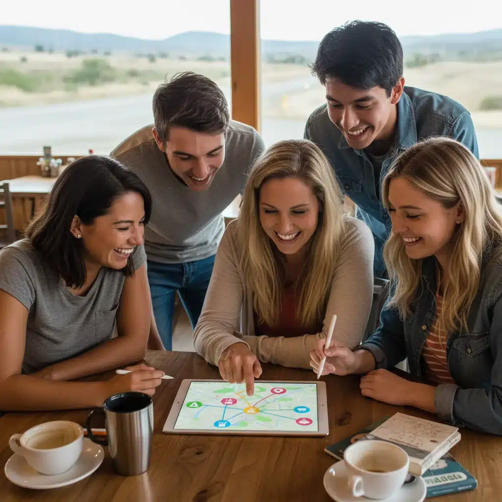 Travelers planning a road trip route and points of interest using a tablet app
