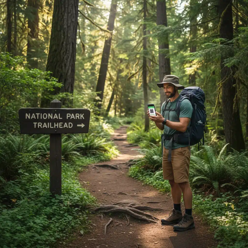 Hiker checking digital permit on phone at national park trailhead.