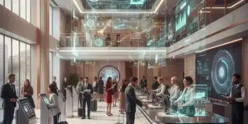 Modern hotel lobby with data visualizations, representing predictive analytics in hospitality