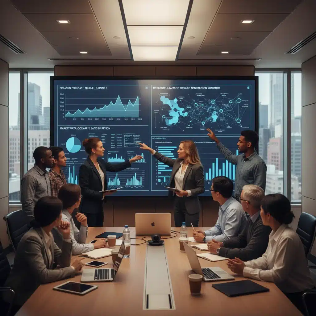 Hotel management team analyzing predictive analytics data for strategic decisions