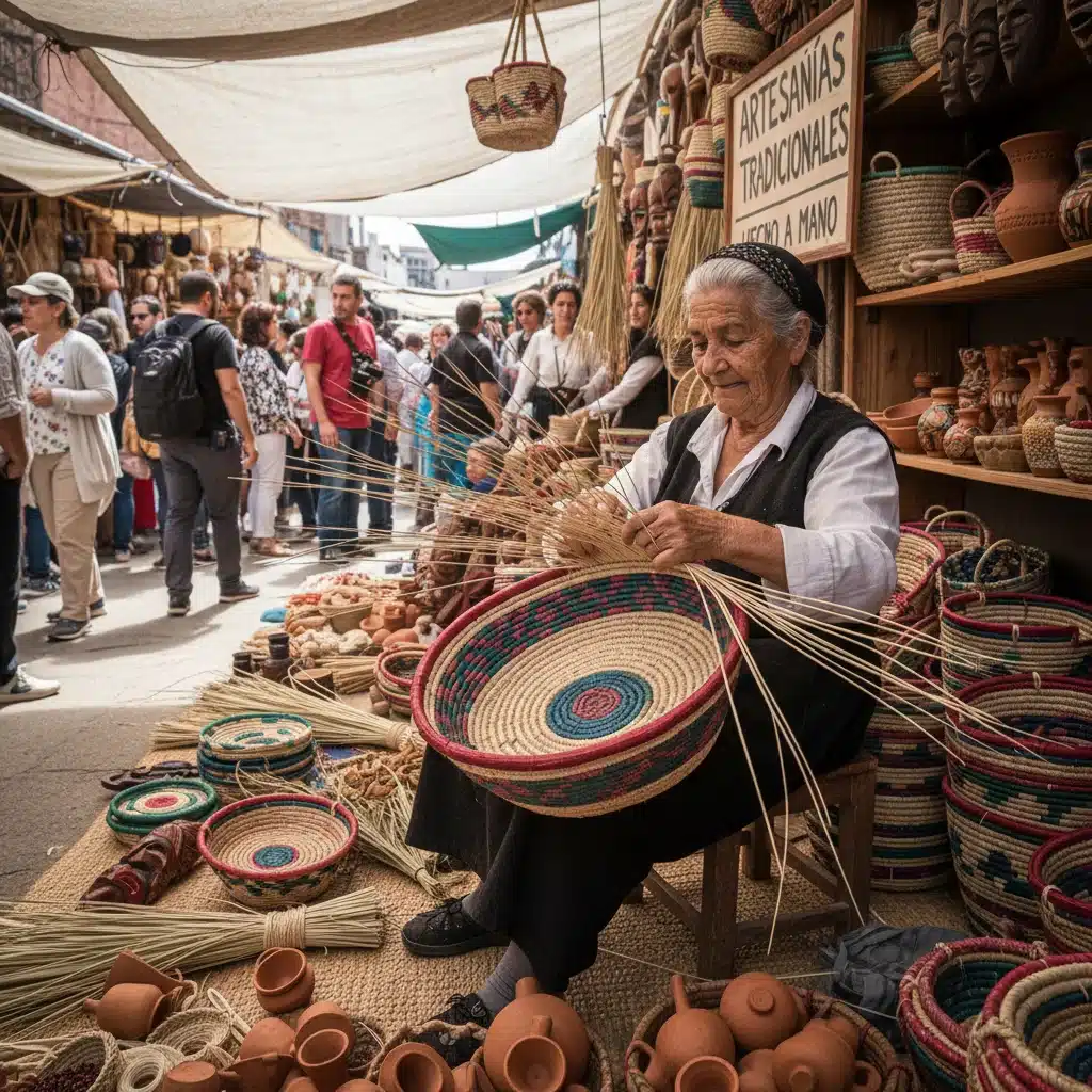 Local artisan weaving traditional basket in a bustling community market, showcasing cultural exchange.