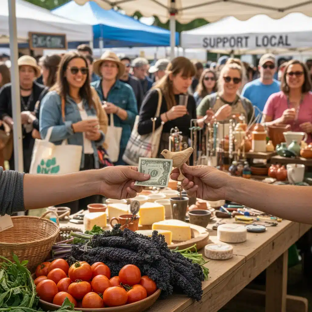Hand exchanging money with a local artisan at a vibrant U.S. farmers' market.