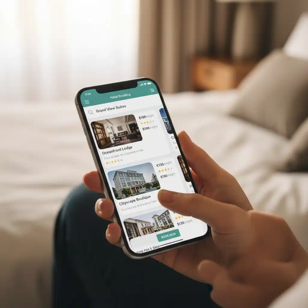 Hand using a hotel booking app on a smartphone for travel accommodation