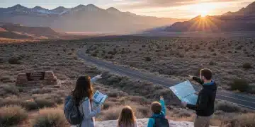 Sunrise over a majestic US National Park with family enjoying the view, symbolizing successful park planning.