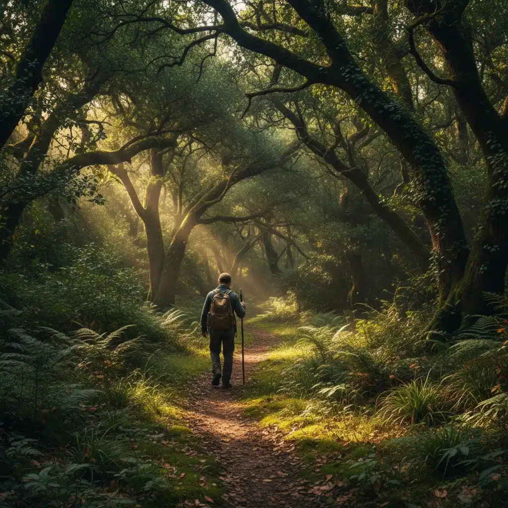 Hiker exploring a serene, natural forest path, promoting sustainable travel.