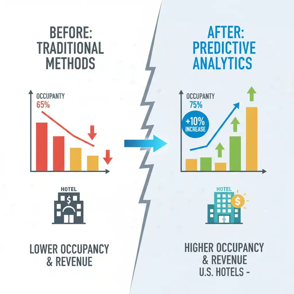 Infographic demonstrating the positive impact of predictive analytics on hotel occupancy and revenue