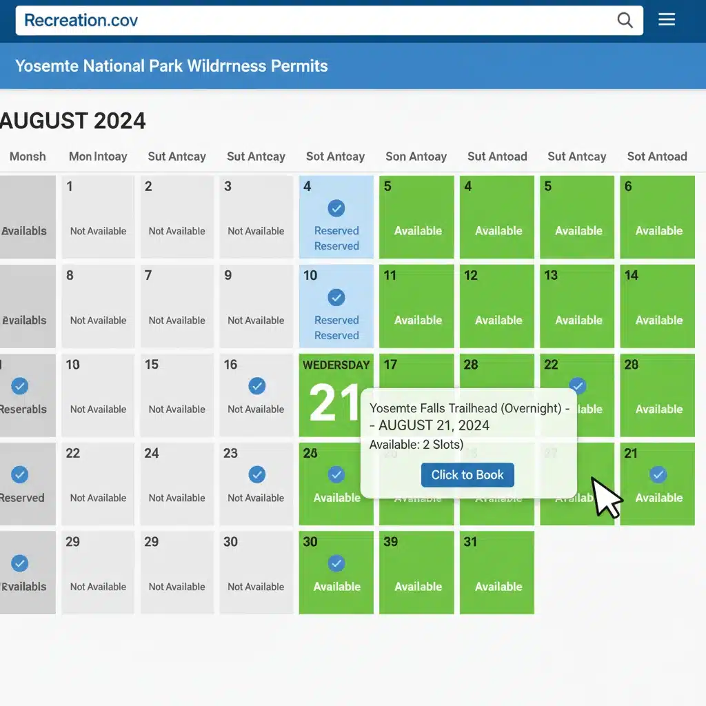 Screenshot of Recreation.gov reservation calendar showing available dates for a national park.
