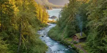 Lush forest with clear stream, symbolizing regenerative travel and environmental preservation in the US.