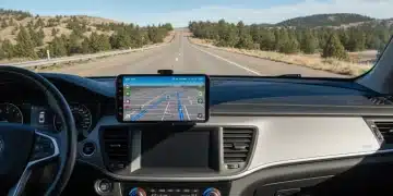 Smartphone with navigation app on dashboard during a scenic US road trip
