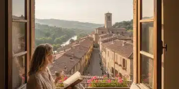 Traveler enjoying a slow morning view in a European town, embracing immersive travel.