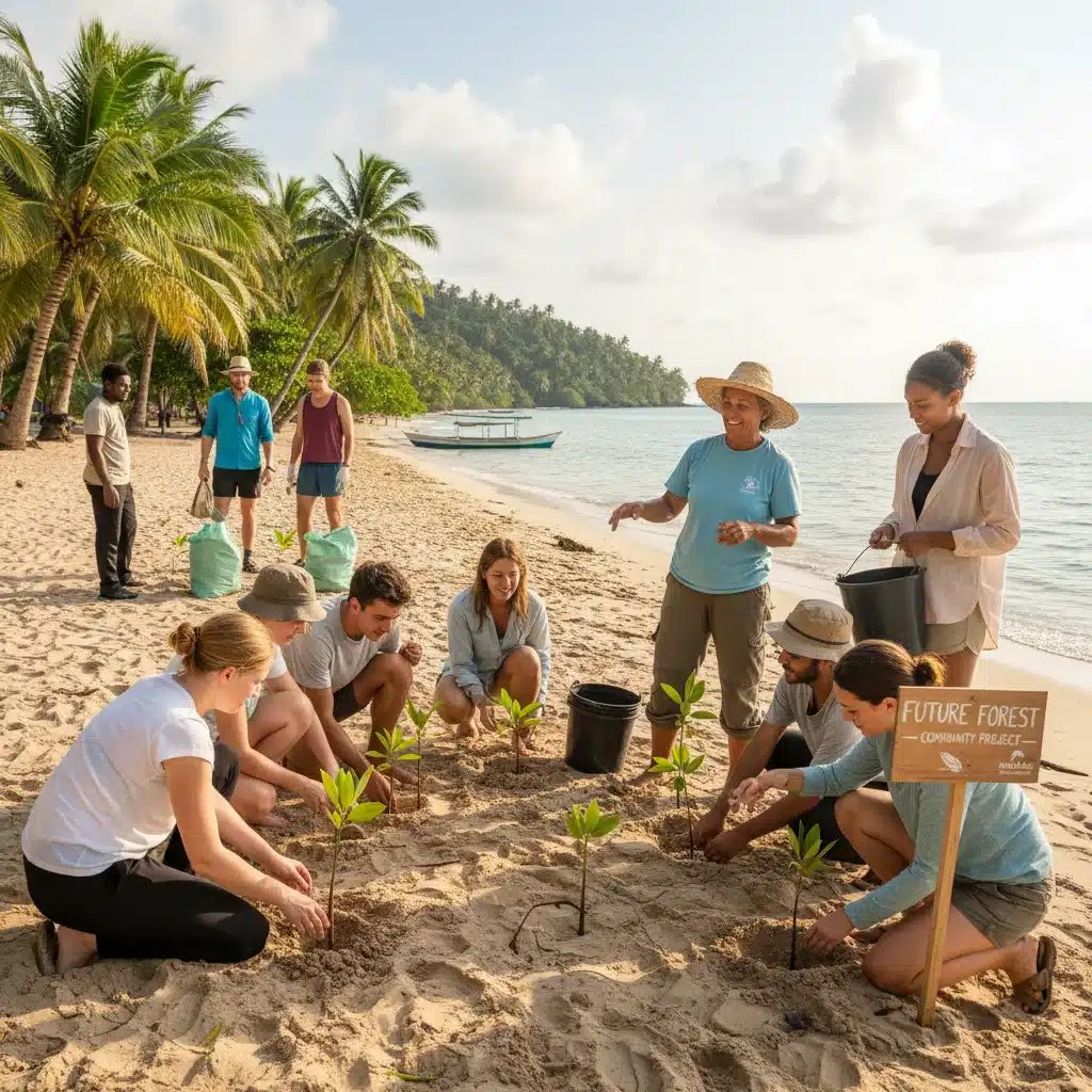 Travelers engaging in sustainable community project with local guide.