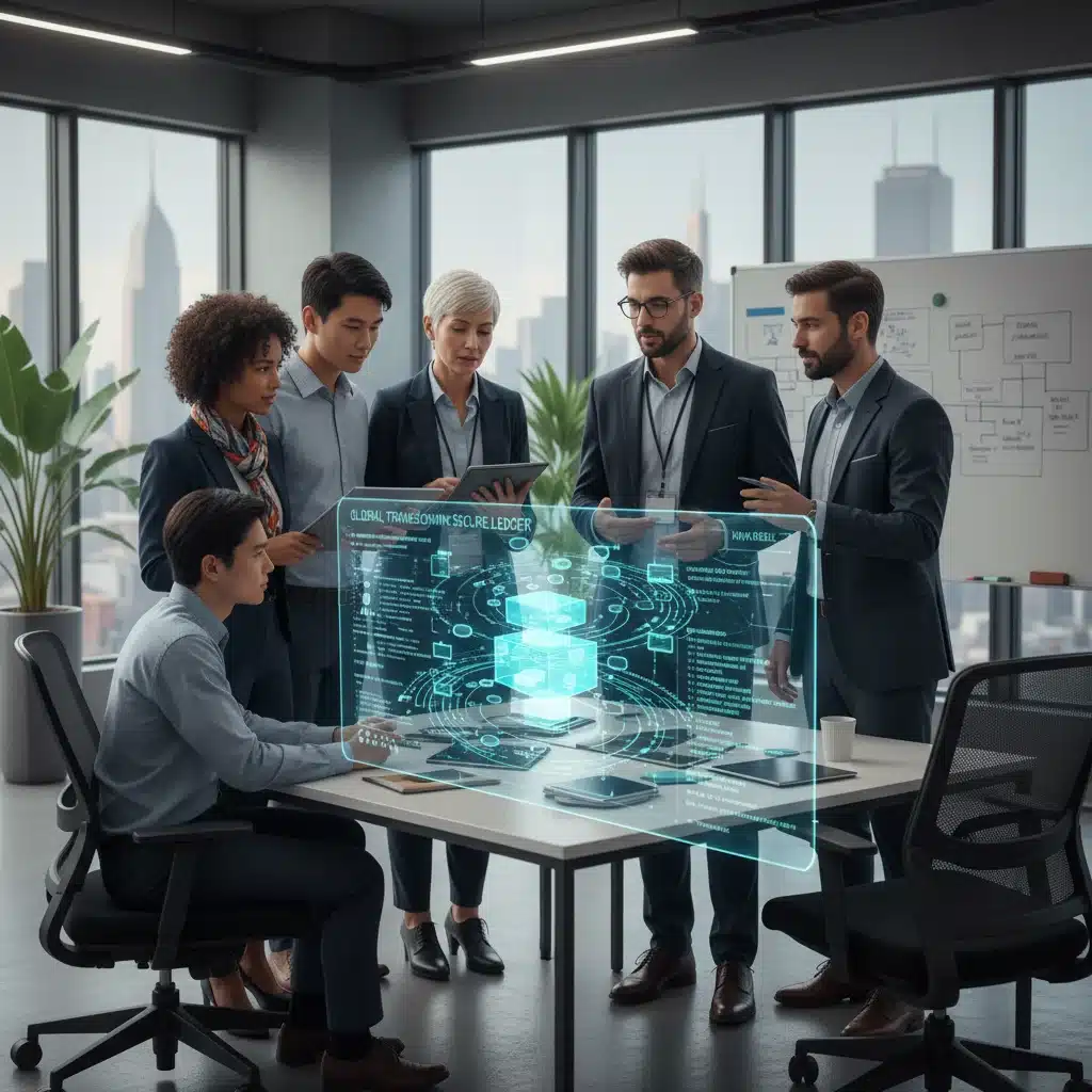 Travel agencies and tech experts collaborating on blockchain implementation