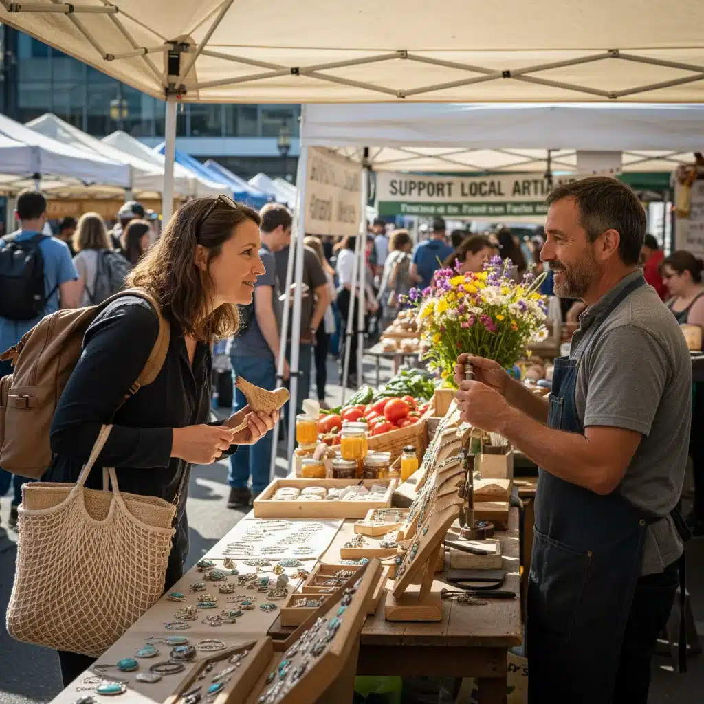 Traveler engaging with local artisan at a U.S. farmers' market.