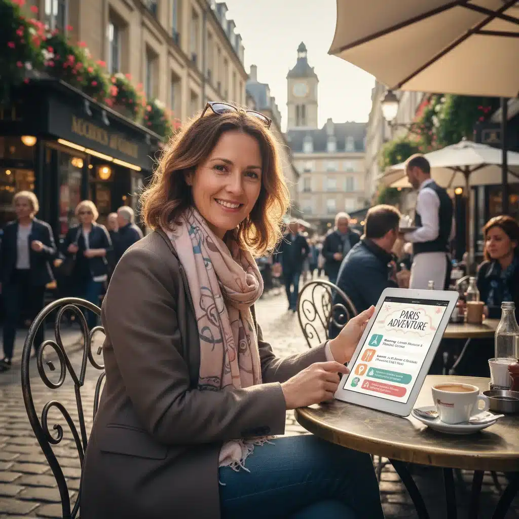 Traveler enjoying a personalized itinerary on a tablet in a cafe.