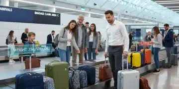 Travelers checking luggage at airport carousel
