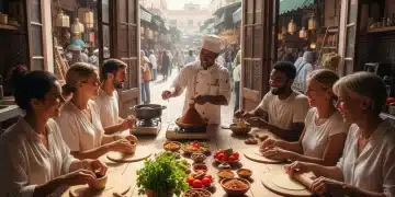 US travelers learning local cooking techniques from a chef