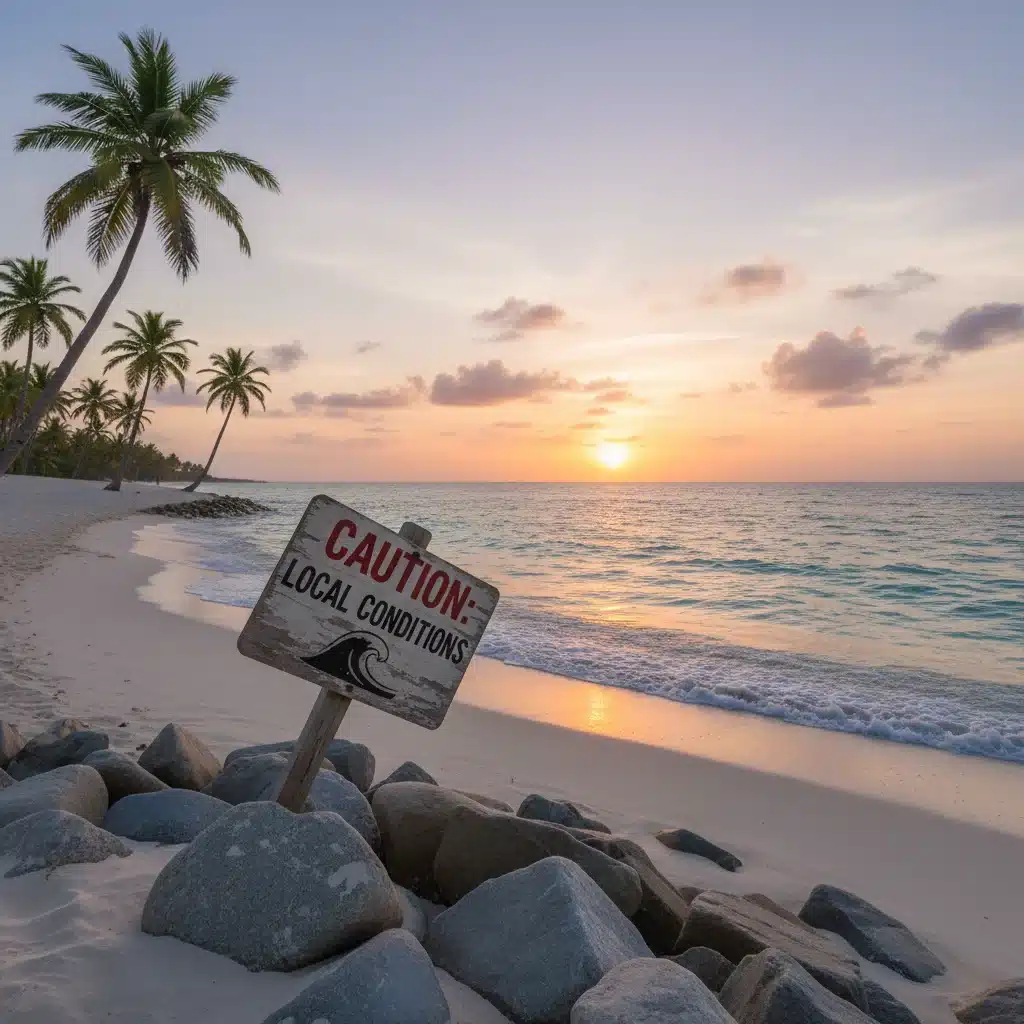 Beach with a 'Caution: Local Conditions' sign, highlighting environmental travel advisories.