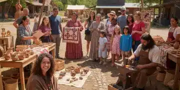 Travelers engaging with local artisans in a U.S. community, highlighting ethical community-based tourism.