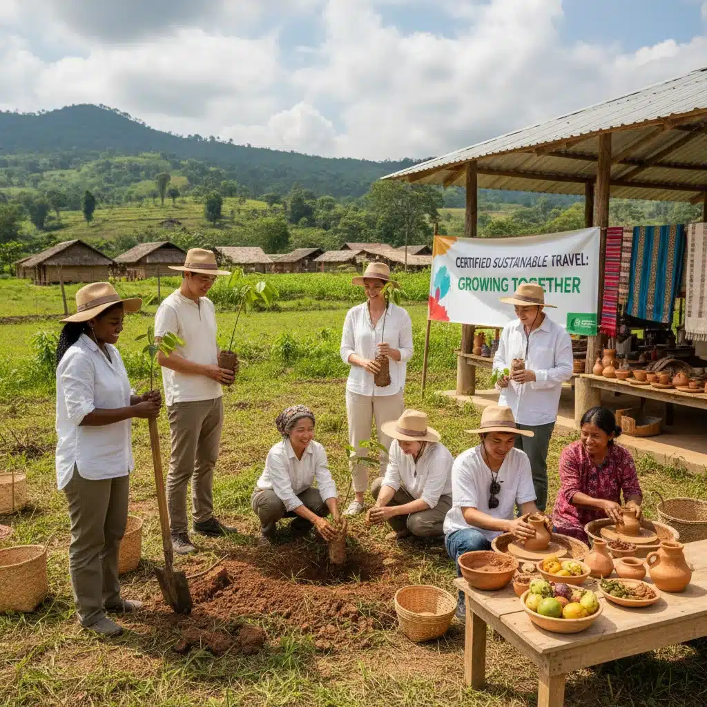 Travelers engaging in community-based sustainable tourism project