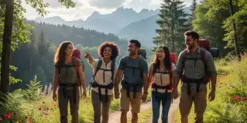Friends enjoying a micro-adventure hike on a scenic trail with lush greenery