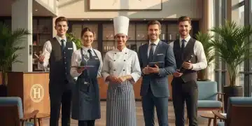 Diverse hospitality team smiling in a modern hotel lobby, representing a strong workforce