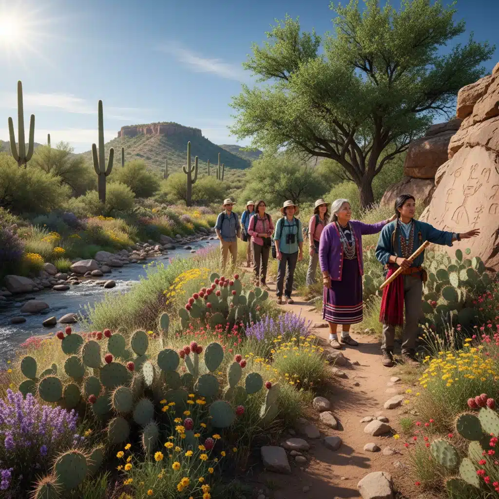Indigenous guides leading tourists on a nature walk, sharing cultural heritage and environmental knowledge.