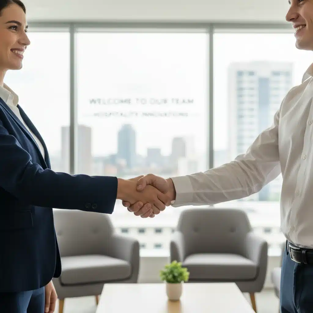 Recruiter and new hire shaking hands, signifying successful hospitality recruitment