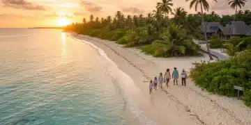 Idyllic sustainable beach resort with eco-tourists enjoying nature