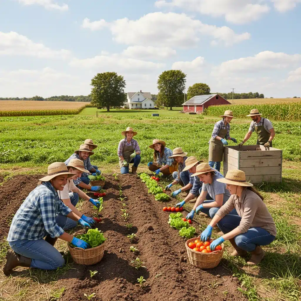 Tourists learning sustainable farming practices on a U.S. family farm, illustrating ethical travel.