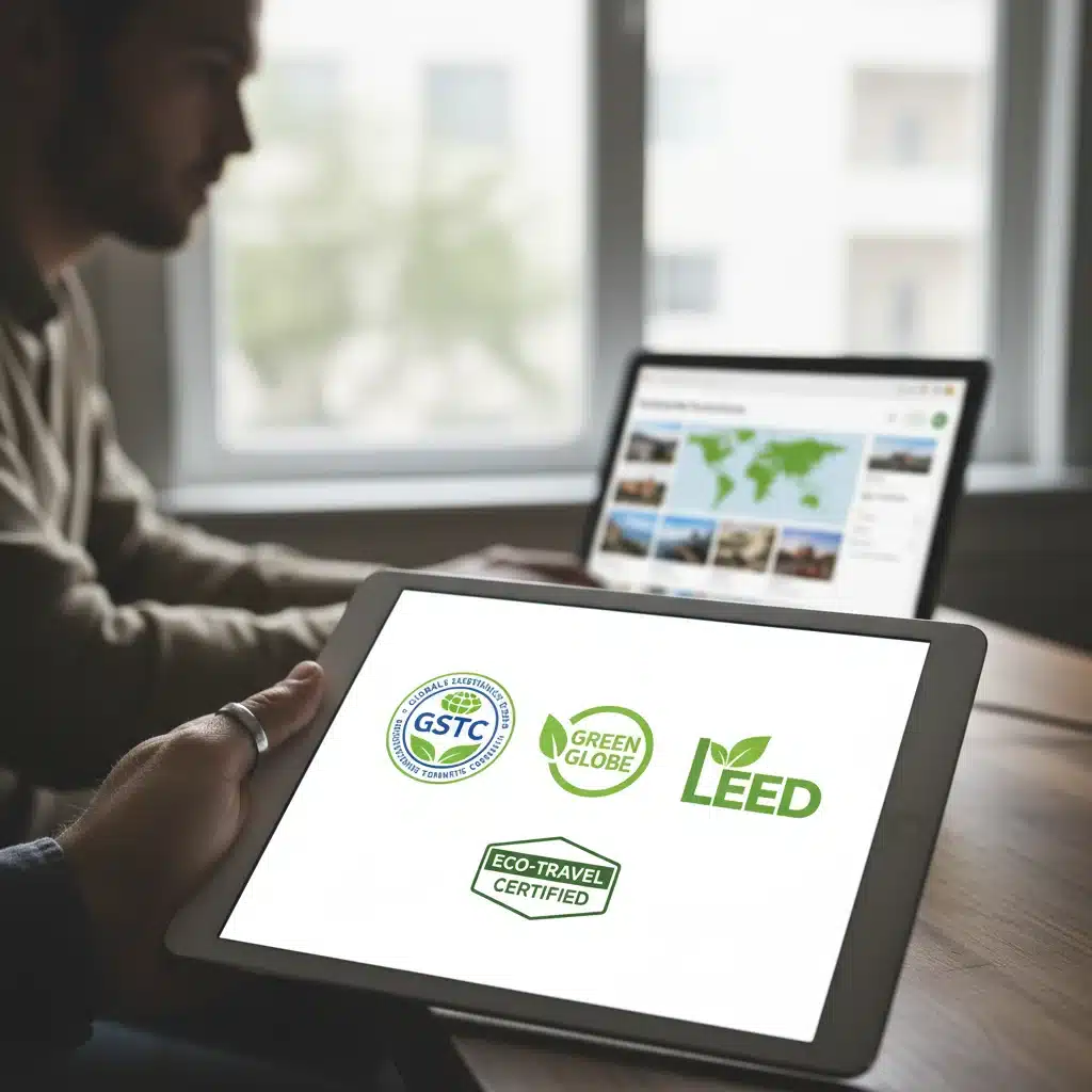 Sustainable travel certification logos on a digital tablet