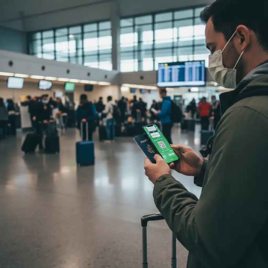 Traveler checking health documents and passport at an airport terminal.