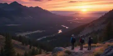 Adventurers exploring a vast, untouched American wilderness at sunrise, symbolizing untapped US destinations.
