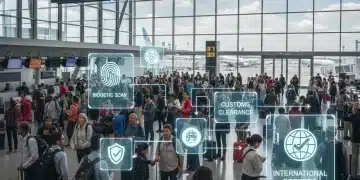 Travelers navigating a modern airport terminal, highlighting US Customs and Border Protection updates for 2026.