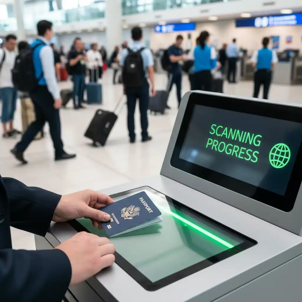 Automated passport control kiosk at a US airport, illustrating new CBP technology for faster processing.