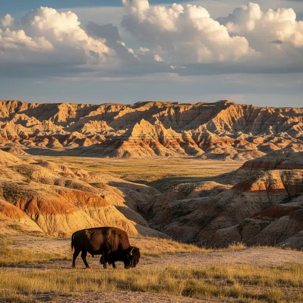 Dramatic landscape of Badlands National Park with eroded buttes and a grazing bison.
