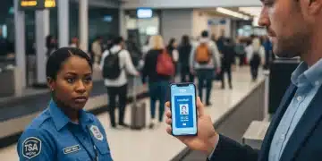 Traveler showing digital ID on phone to TSA agent at airport