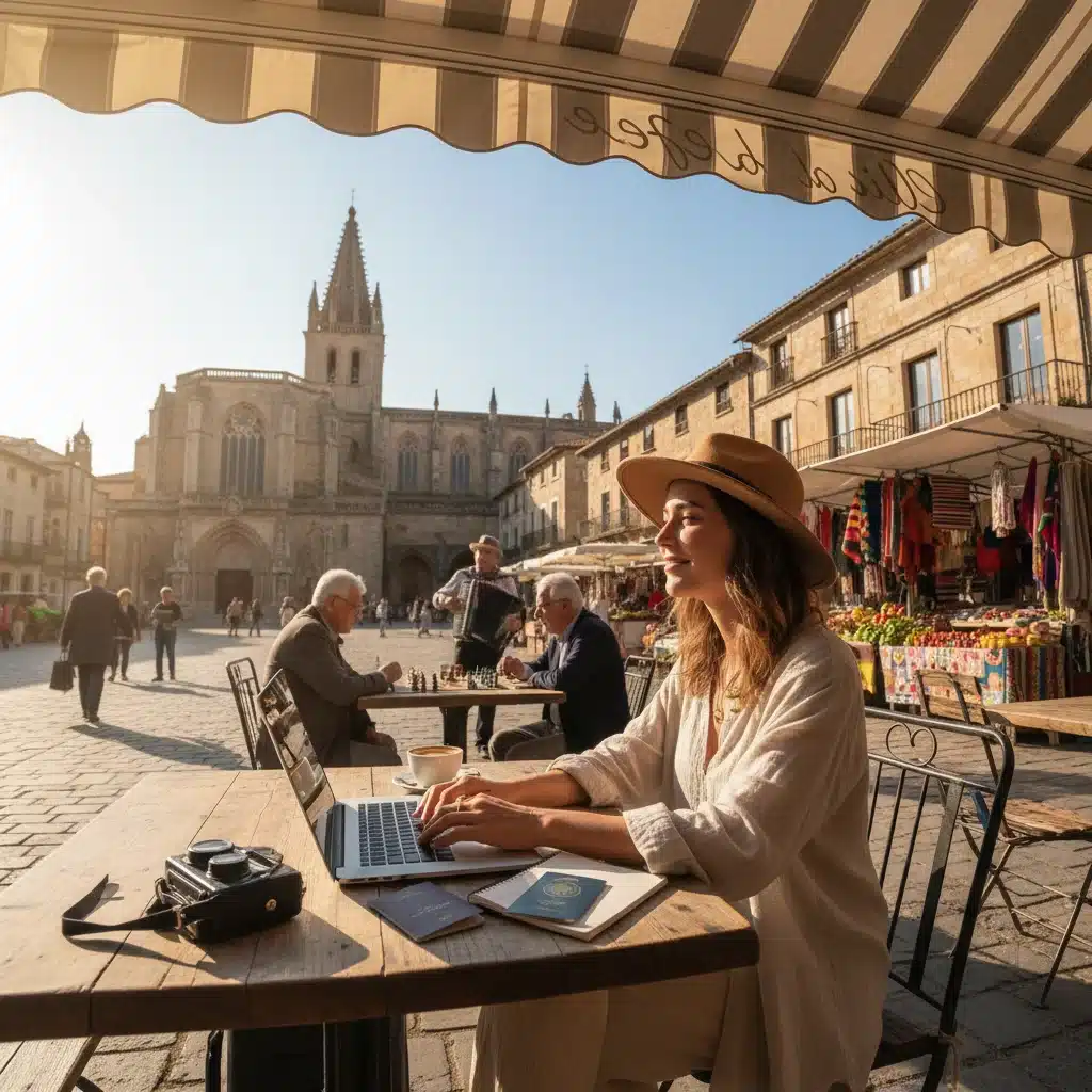 Digital nomad working remotely while traveling abroad