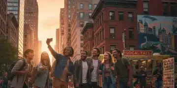 Gen Z and Millennial travelers exploring a bustling US city, capturing authentic moments with their phones.