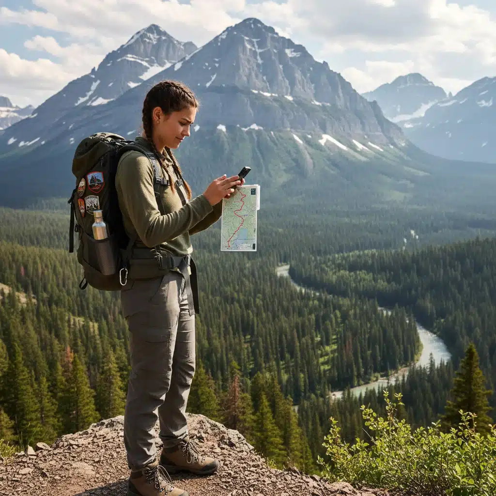 Gen Z traveler using a smartphone for navigation in a national park, embracing sustainable adventure.