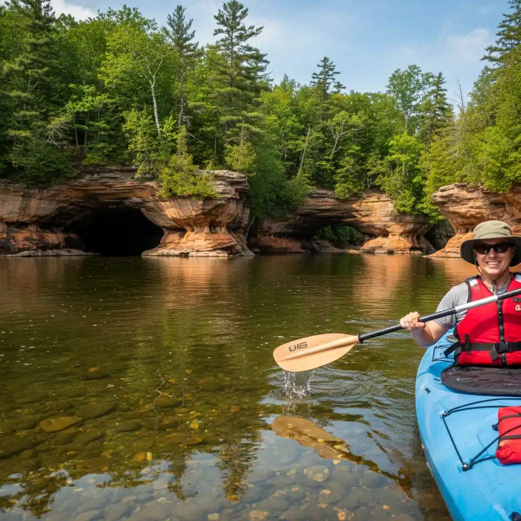Kayaker exploring sea caves in Apostle Islands National Lakeshore, Wisconsin.