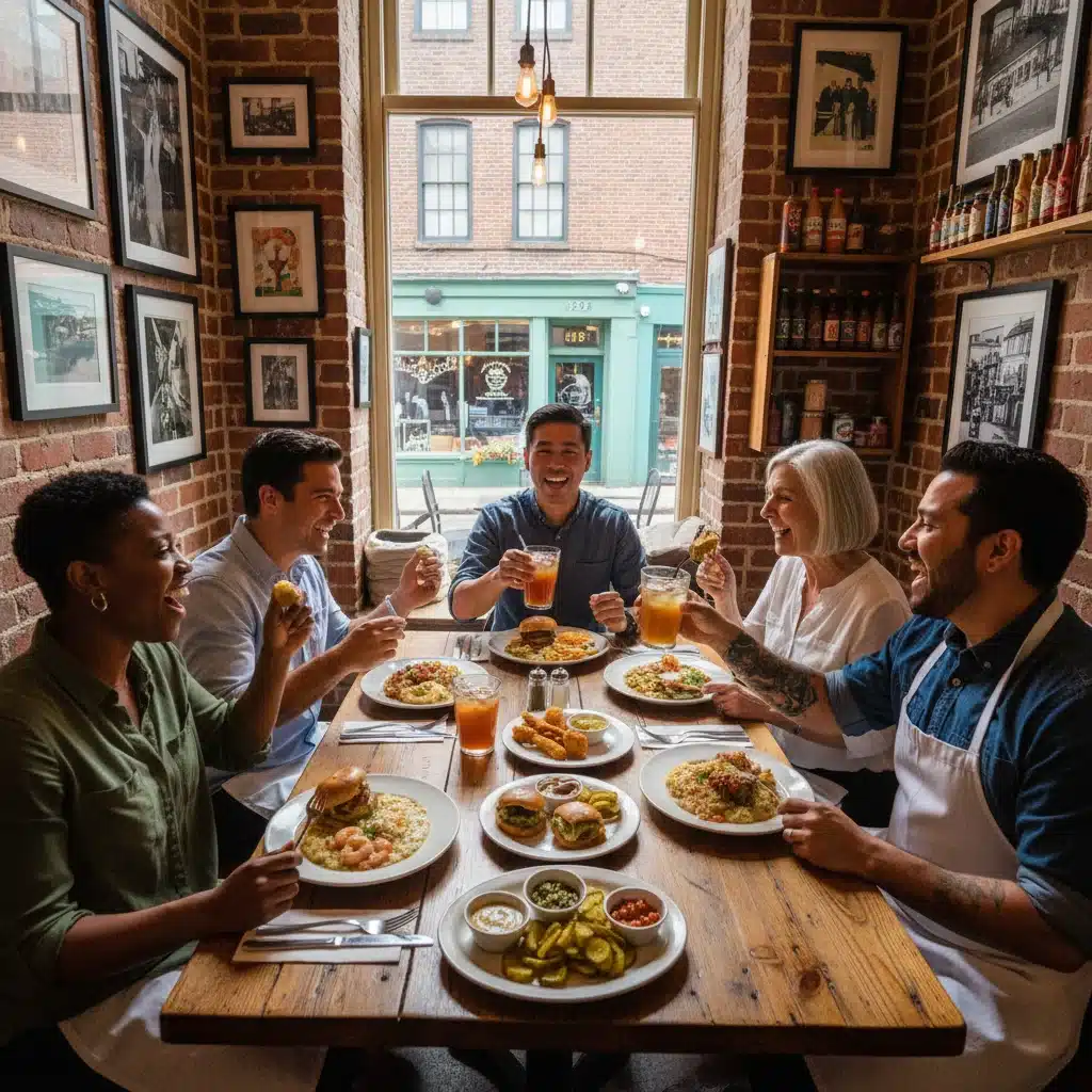 Travelers enjoying local cuisine in a hidden gem city, showcasing authentic experiences.
