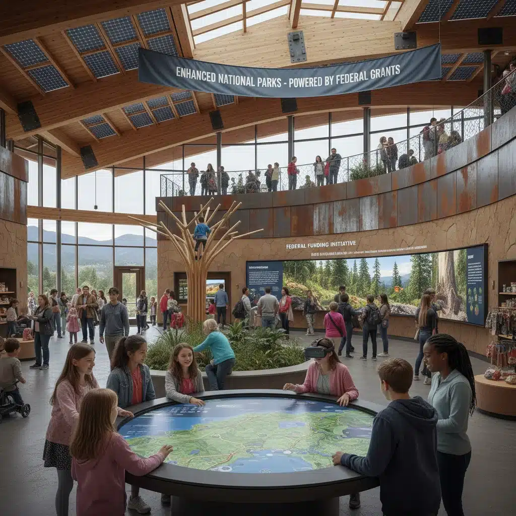 Tourists enjoying new sustainable national park visitor center, funded by federal grants.