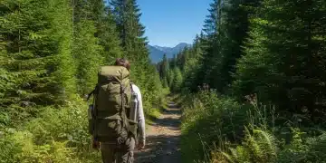 Backpacker with reusable water bottle on a scenic U.S. trail, embracing plastic-free travel.