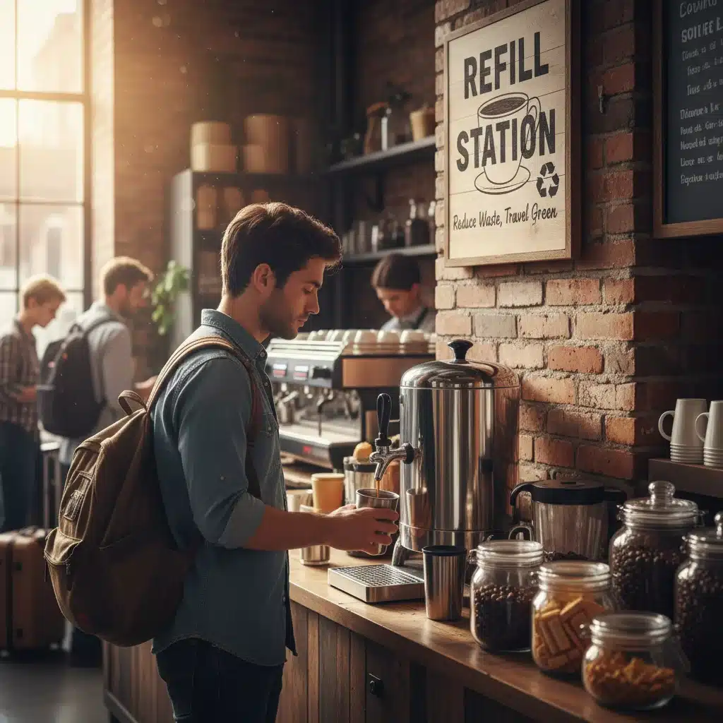 Person refilling a reusable coffee cup at a cafe, promoting plastic-free habits.