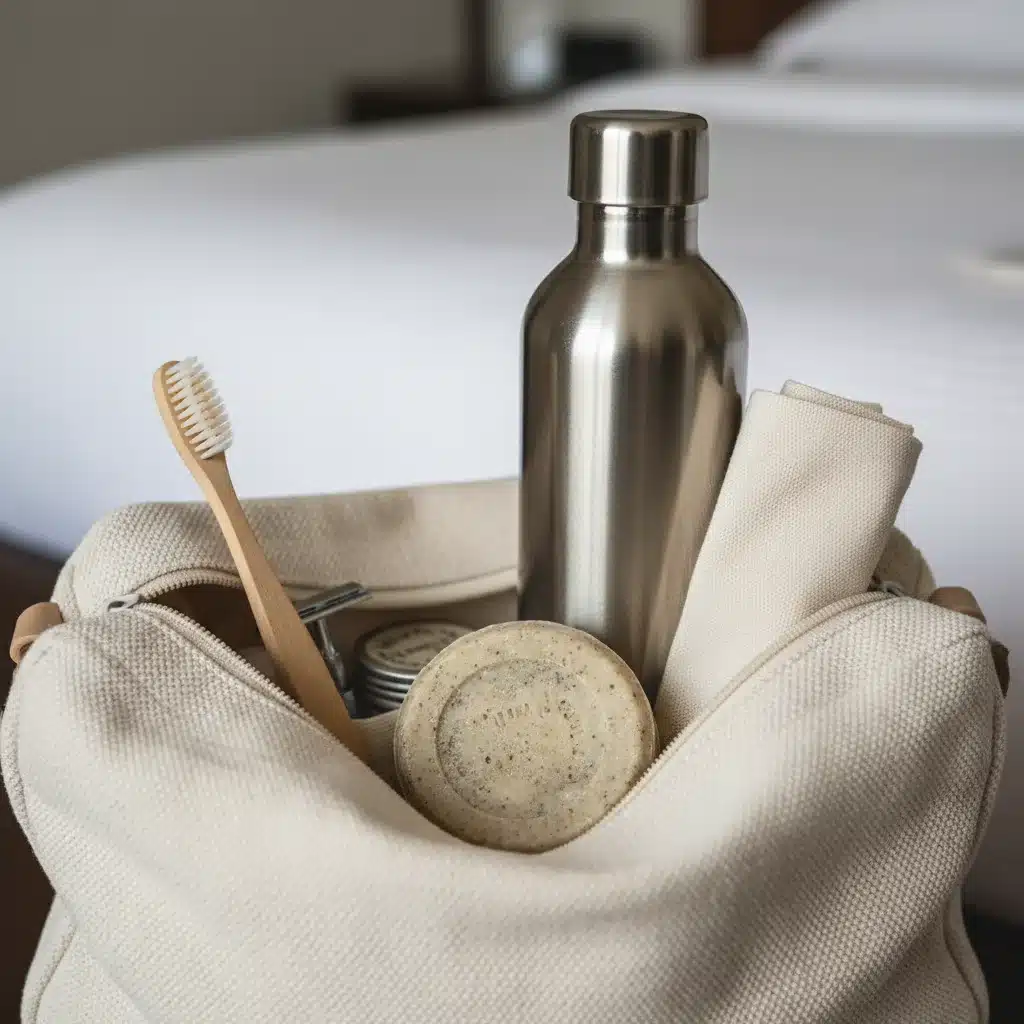 Essential plastic-free travel items in a canvas bag, including a bamboo toothbrush and reusable water bottle.