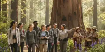 Group of travelers enjoying a sustainable tour in a U.S. national park, highlighting ethical tourism