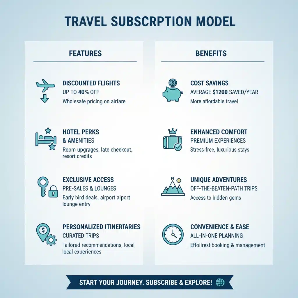 Infographic detailing benefits and features of a subscription travel service.